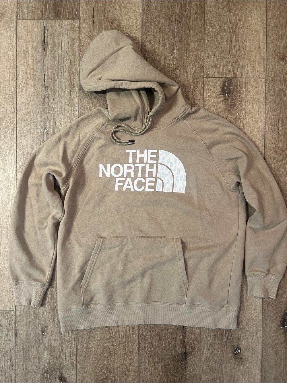 The North Face - Tan Graphic Logo Hoodie w/Animal Print, Good Condition! Size L.